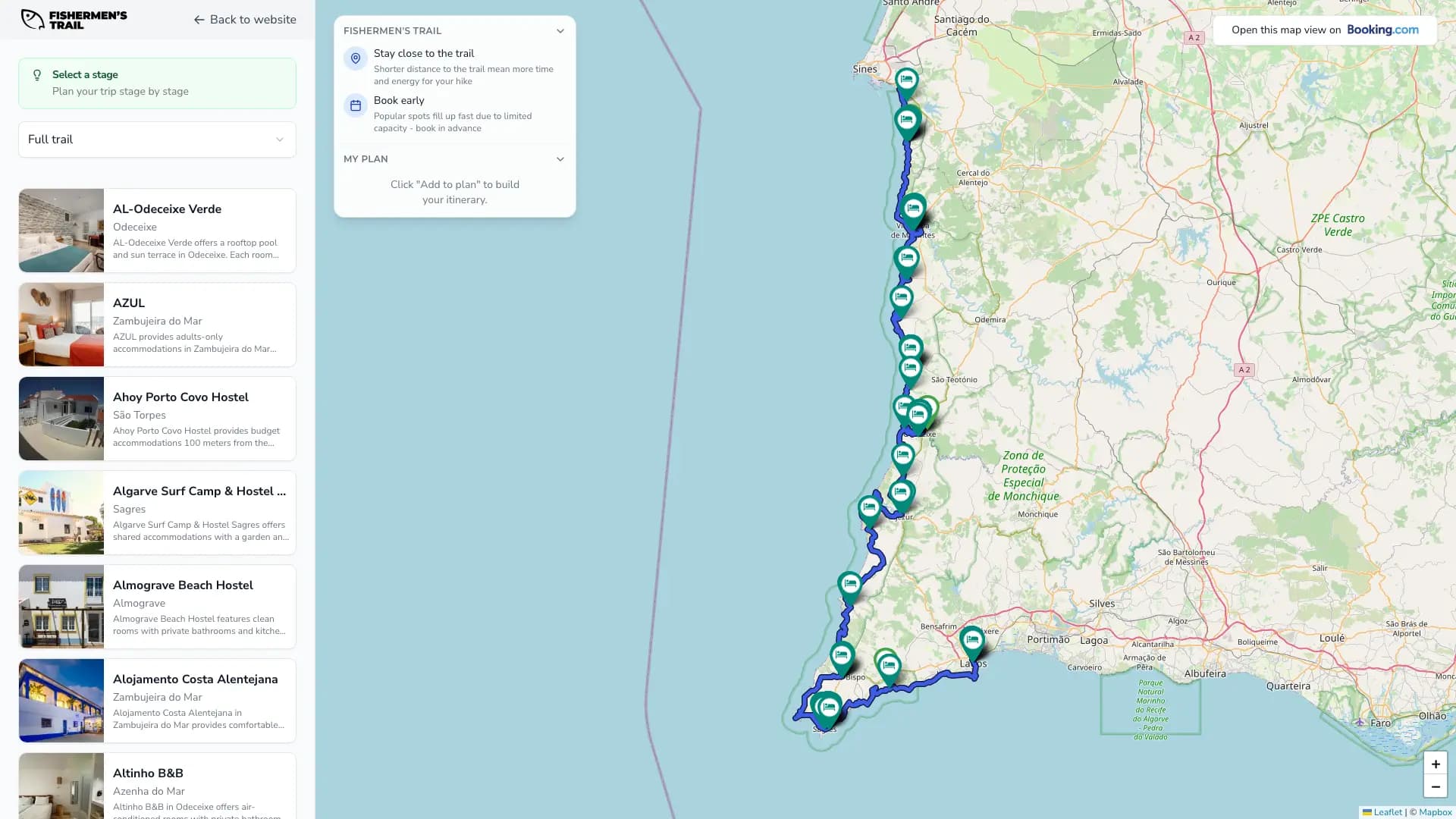 Planner map view with stages and accommodation along the trail